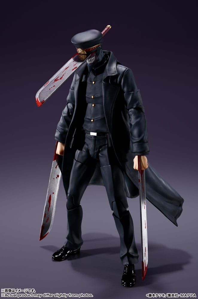 S.H.Figuarts Samurai Sword standing in long black coat with blood-stained blades, Chainsaw Man