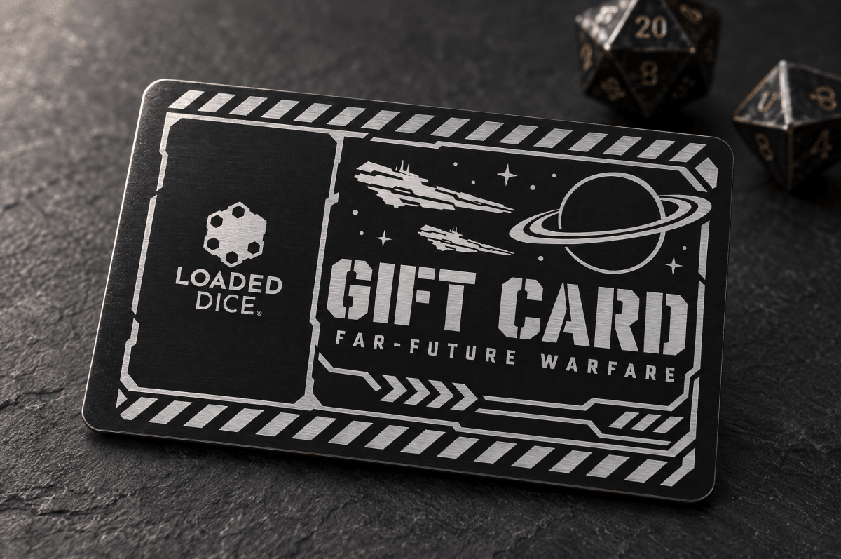 Chamber+ Gift Card, Far-Future front: spaceships and a ringed planet engraved in silver