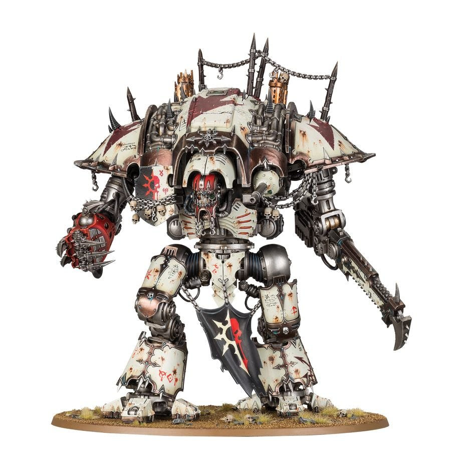 Painted Chaos Knight built with a claw and chainsword in bone and red livery, alternate build