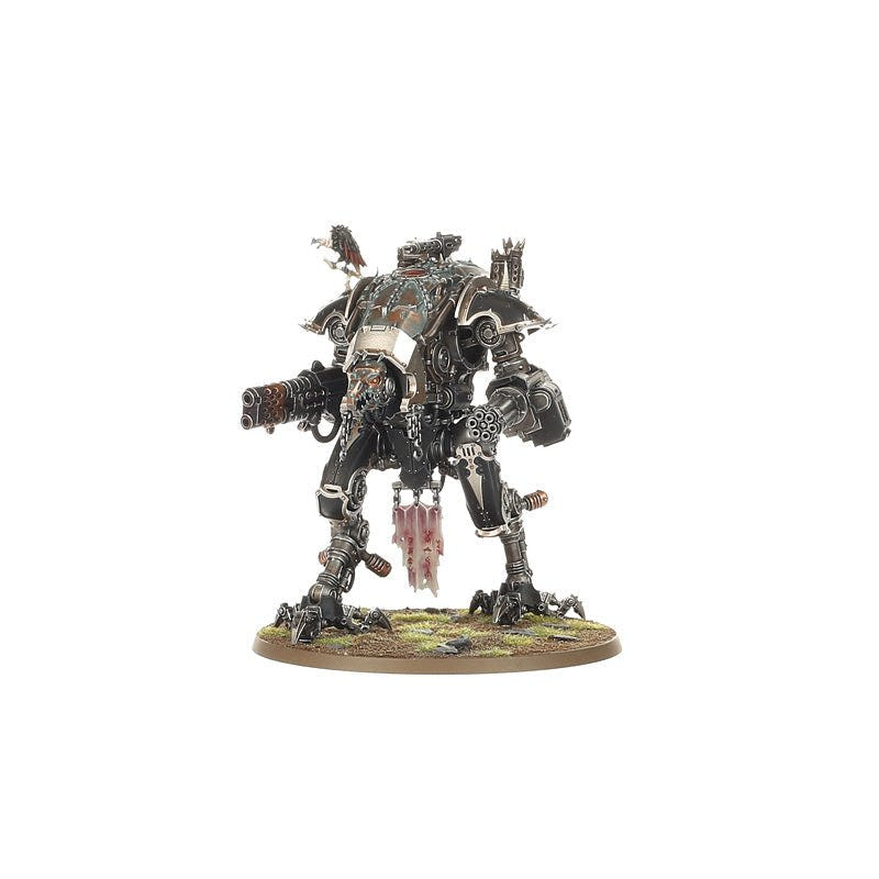 Painted Chaos Knights War Dog with hanging trophies, side view on a round base
