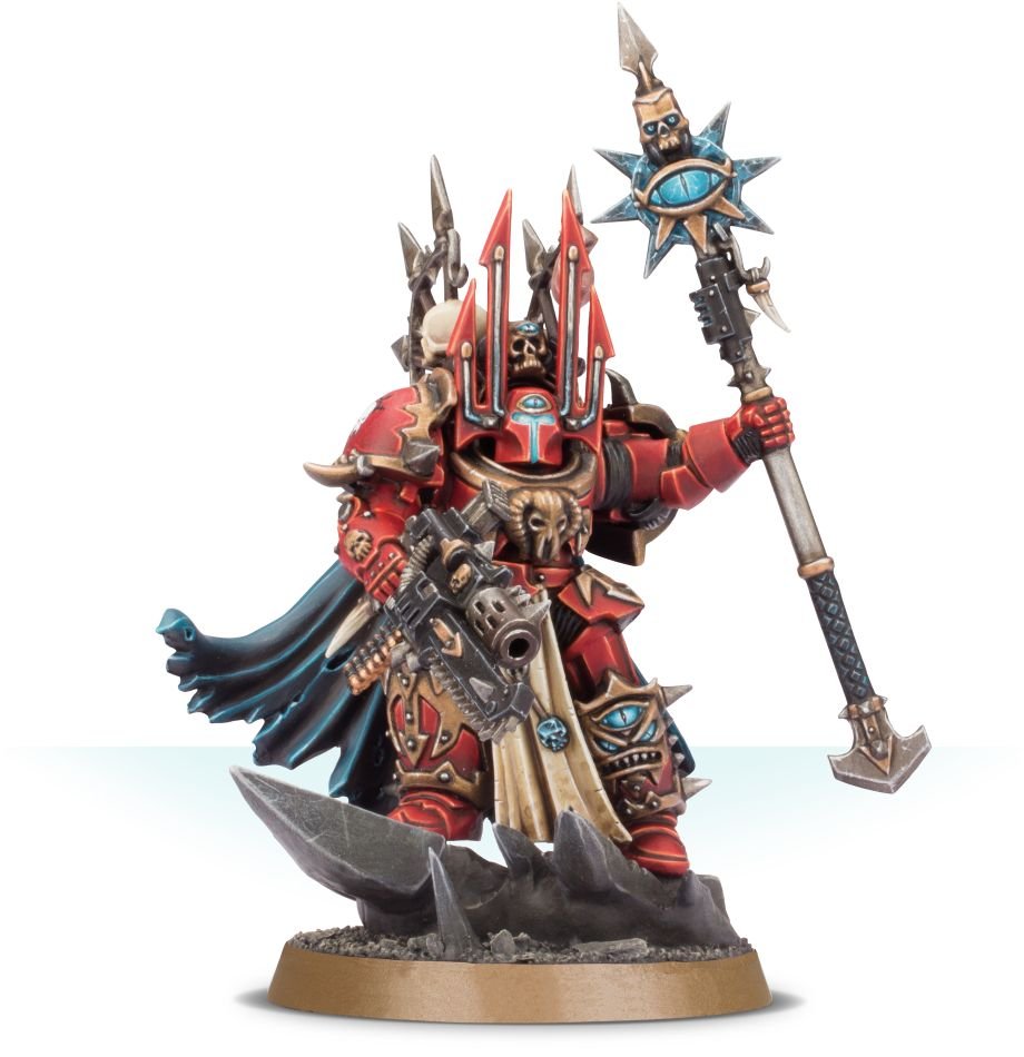 Sorcerer Lord in Terminator Armour in red armour with a blue cloak, front view