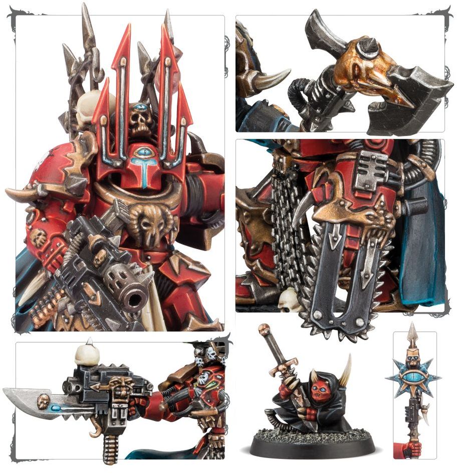 Close-ups of the Sorcerer Lord's horned helmet, combi-weapon, chainfist, accursed blade and staff head