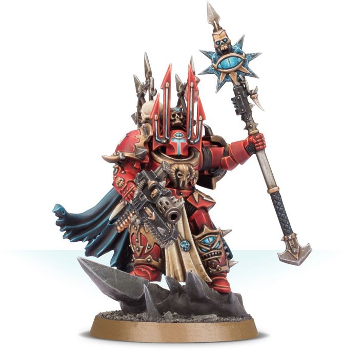 Painted Sorcerer Lord in Terminator Armour, the alternative build, in red armour with a force stave