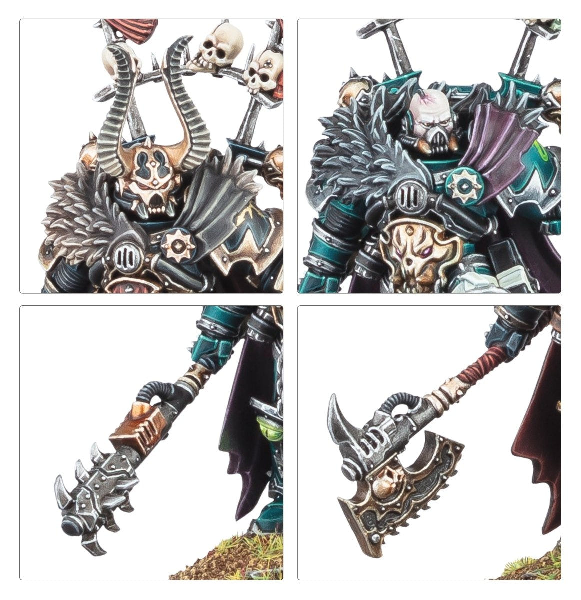 Second set of close-ups of the Chaos Lord helm, trophies and weapon heads