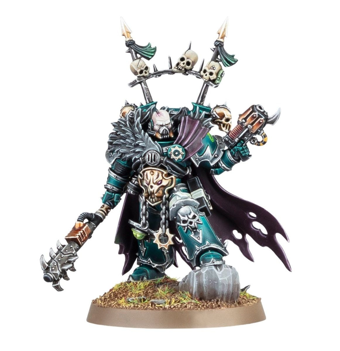 Painted Chaos Lord in teal armour with chainaxe and bolt pistol, alternative colour scheme