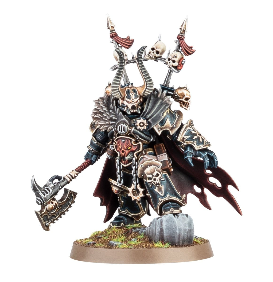 Second front view of the painted Chaos Space Marines Chaos Lord with axe and cloak