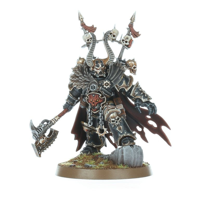 Smaller view of the painted Chaos Lord with axe on a rocky base, Chaos Space Marines