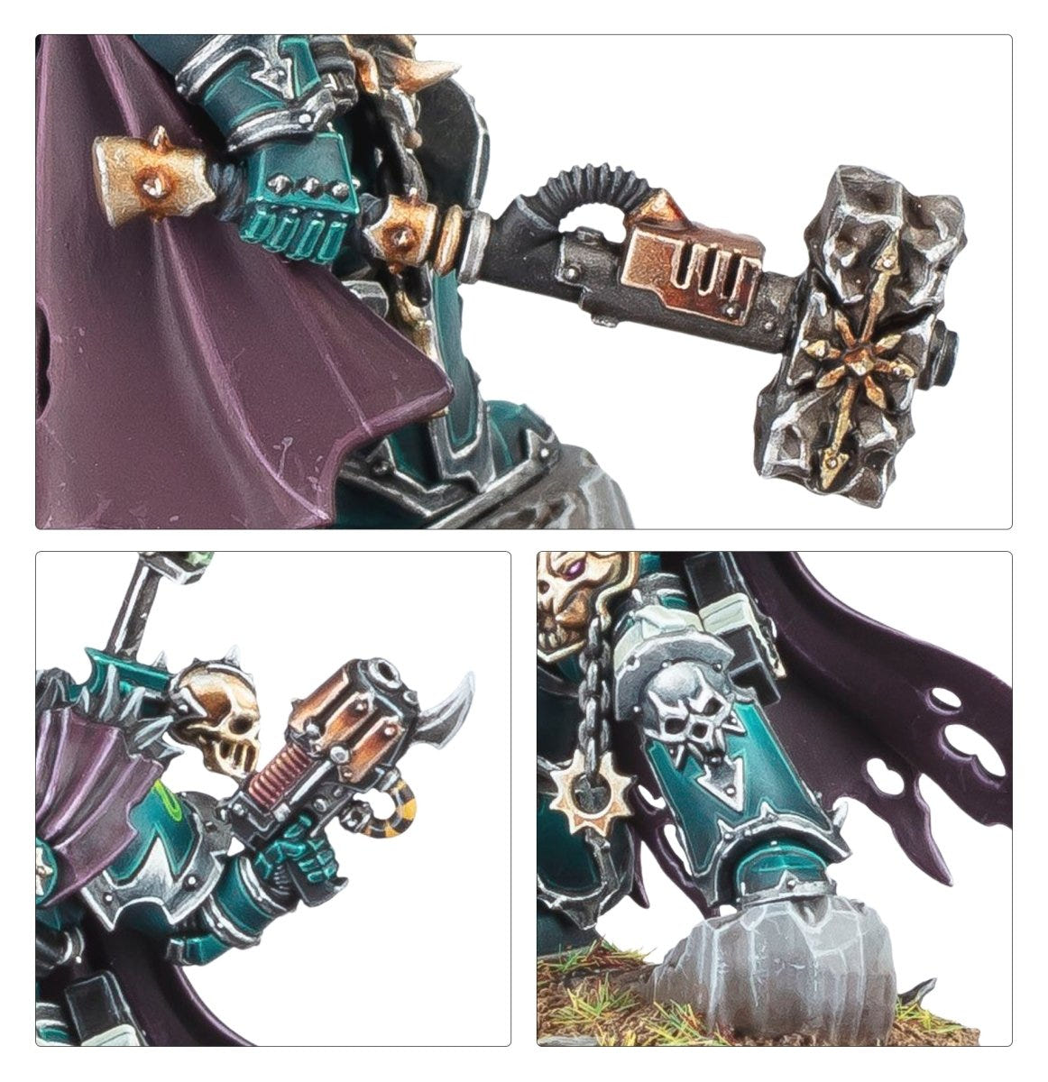 Close-ups of the Chaos Lord hammer option, bolt pistol and armoured leg detail