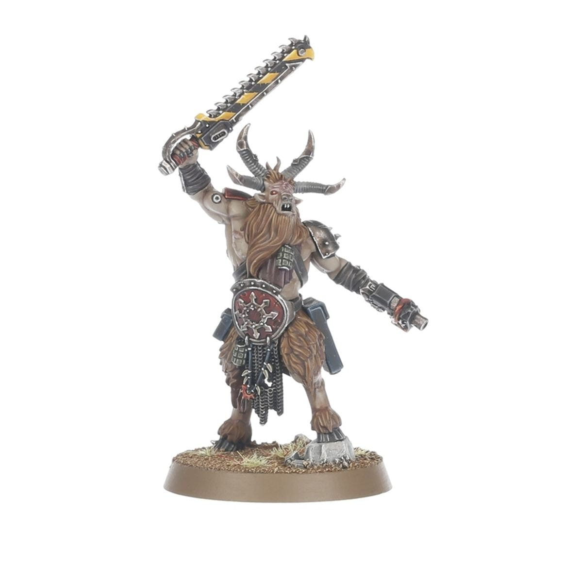 Painted Fellgor Beastman raising a hazard-striped chainblade