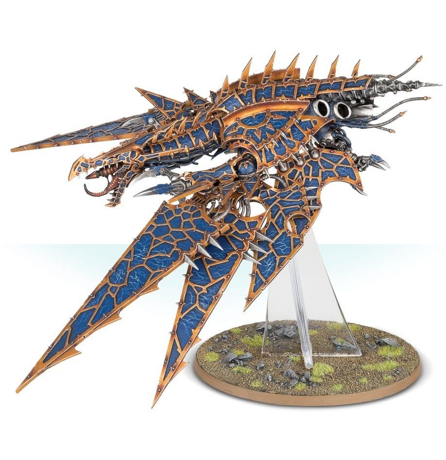 Heldrake painted in bronze and blue from the other side, wings swept down