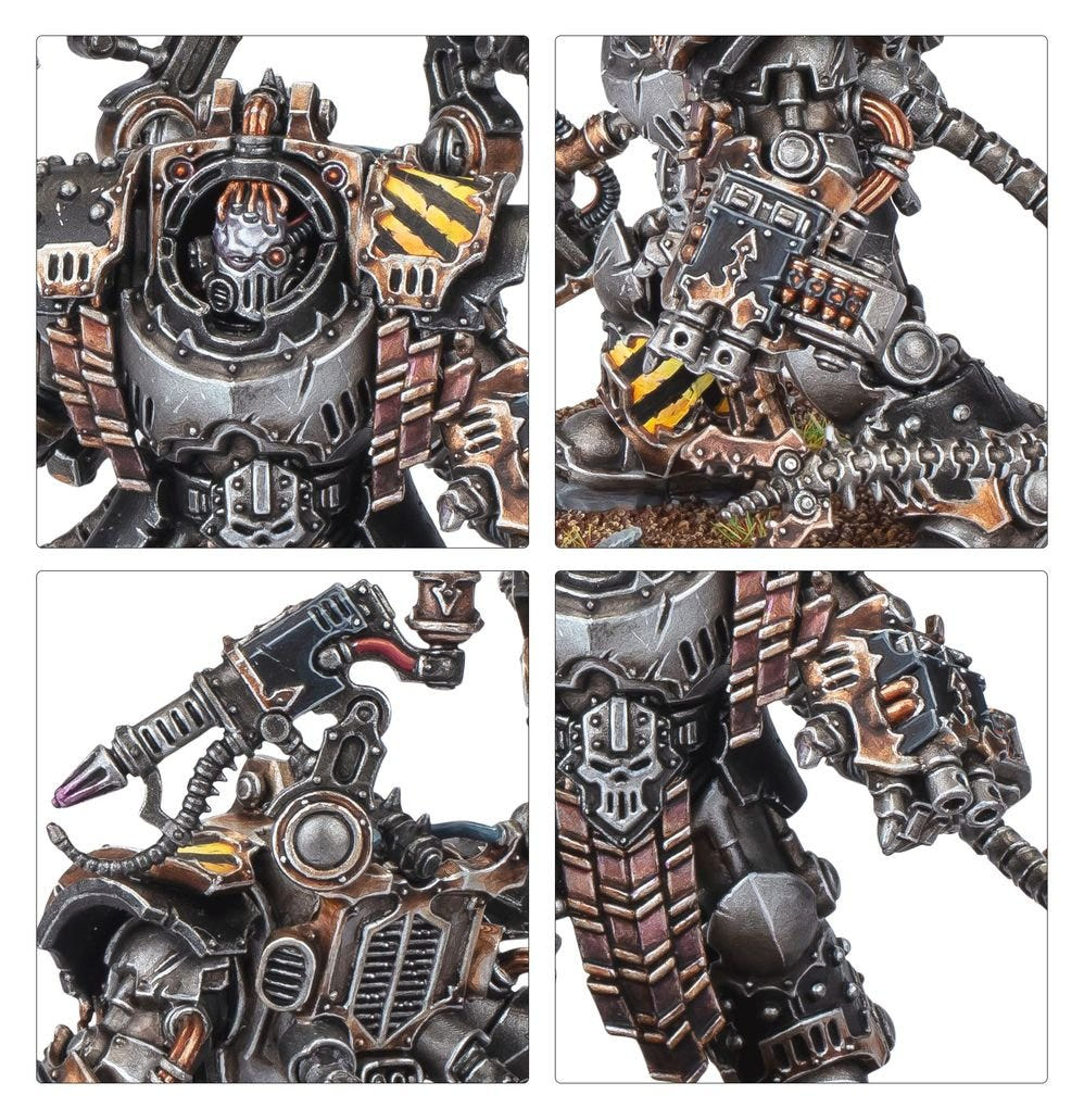 Kravek Morne close-ups of the helmet, hazard-stripe plates, servo-arm claw and ornate armour detail