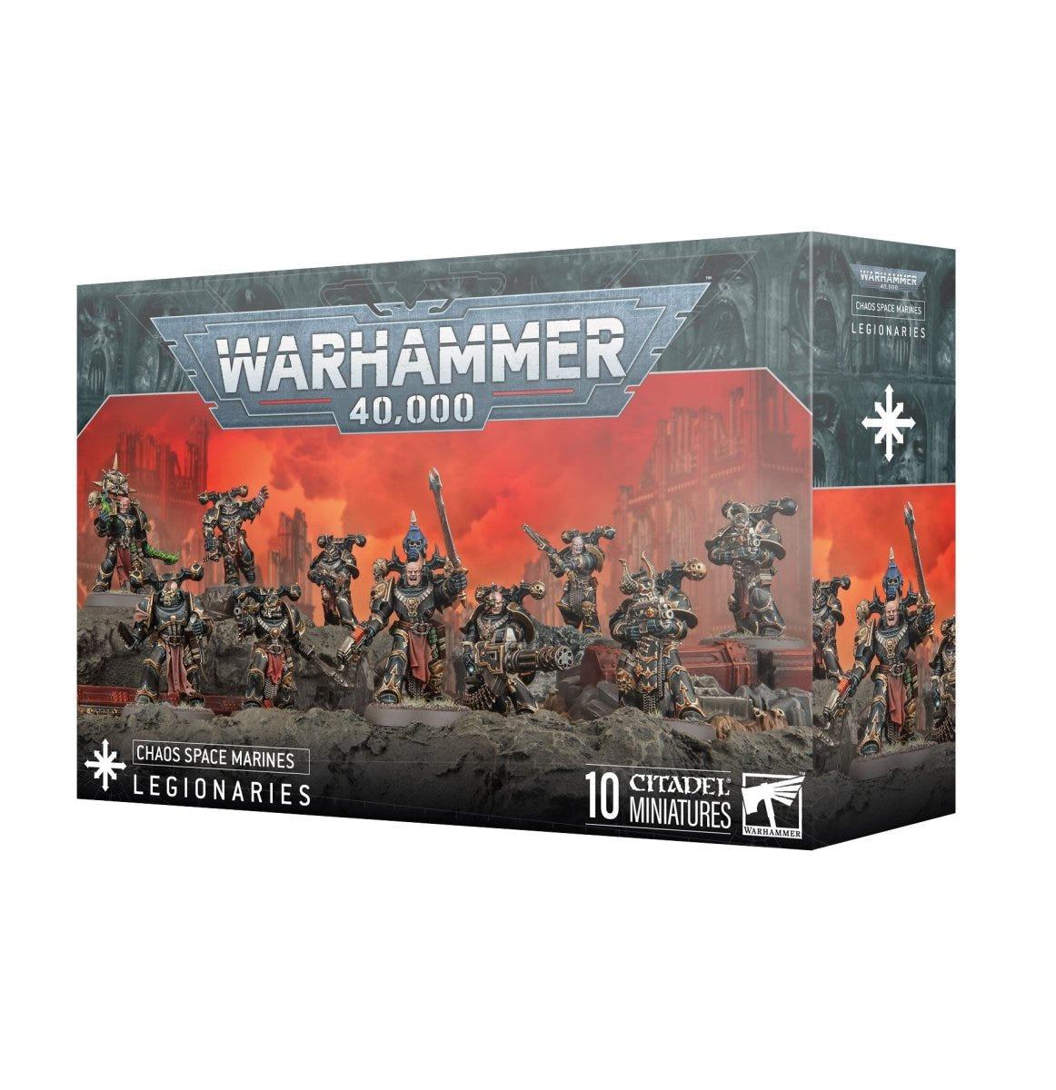 Chaos Space Marines Legionaries box, angled view showing the front artwork and side panel