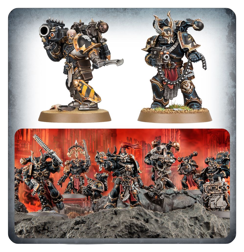 Painted Chaos Space Marines Legionaries with heavy weapons and a squad advancing through a ruined battlefield