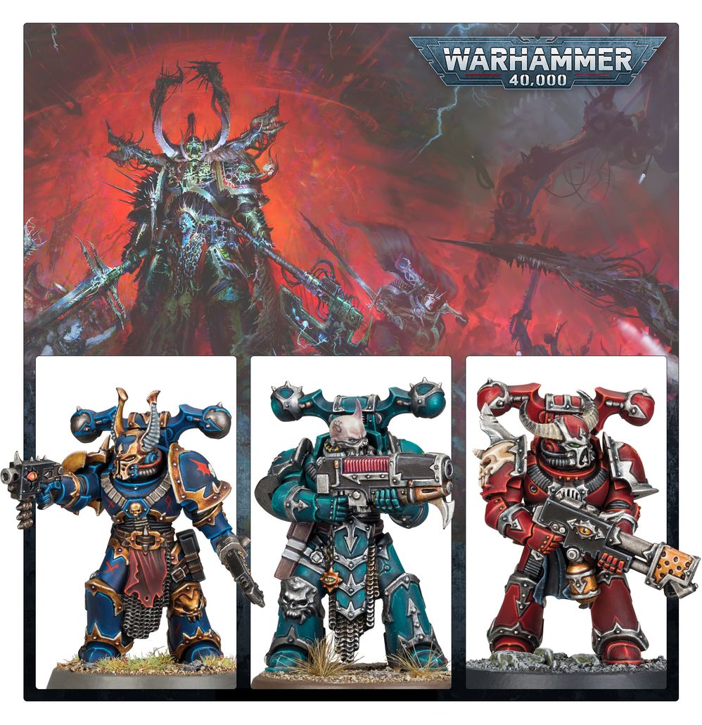 Chaos Space Marines Legionaries painted in blue, teal and red Traitor Legion colour schemes