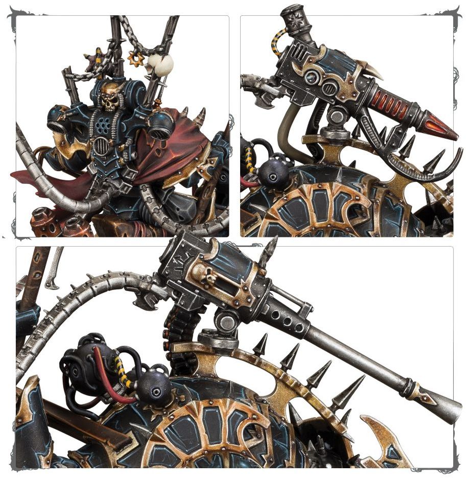 Close-ups of the Helstalker's autocannon, techno-virus injector and spiked wheel