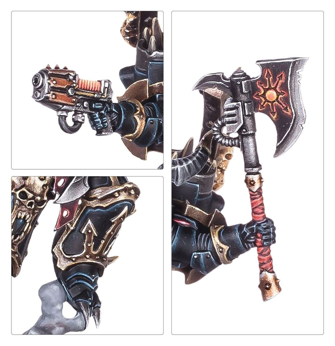 Close-up panels of the Chaos Lord's plasma pistol, leg armour and Chaos star axe
