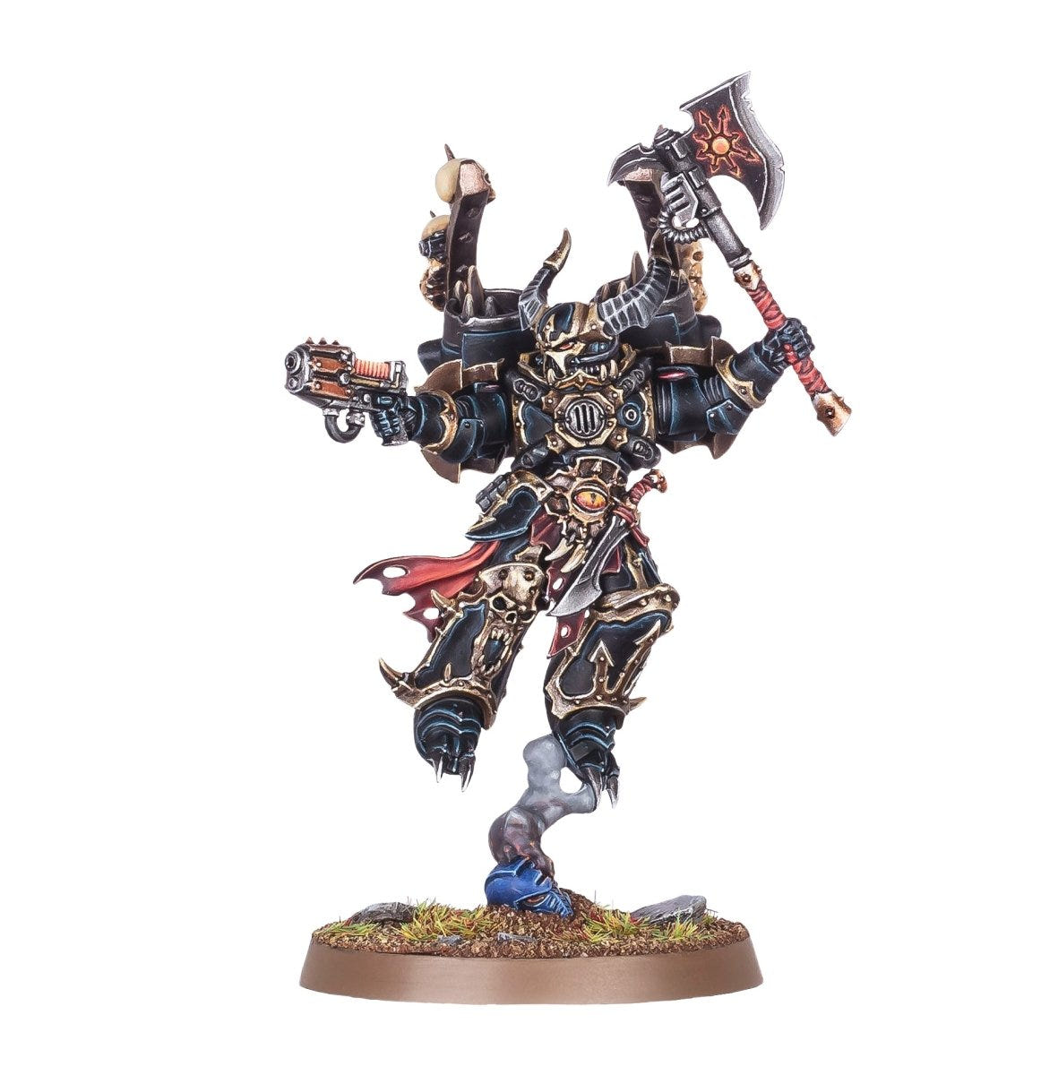 Chaos Lord with Jump Pack painted miniature with axe and pistol, alternate front view