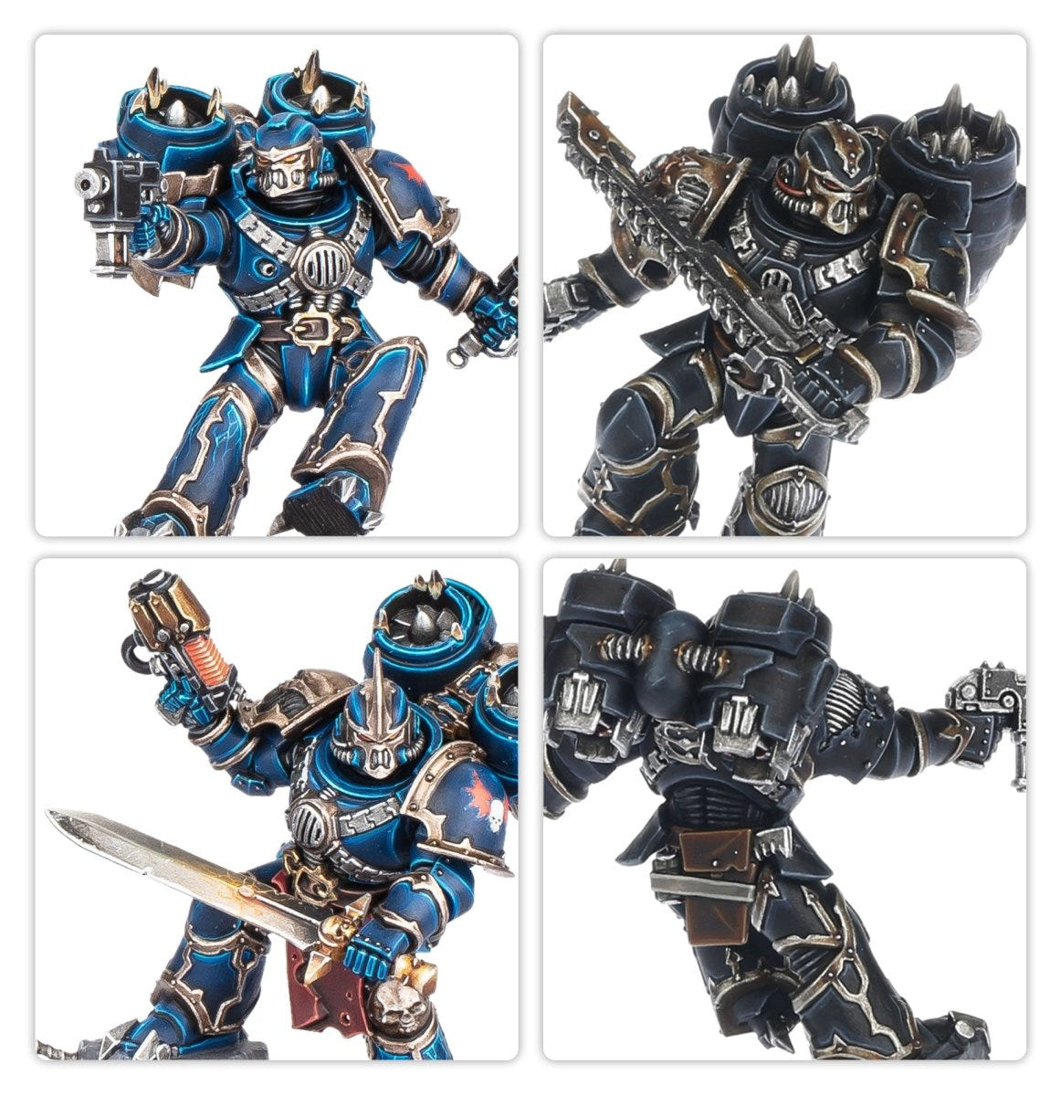 Detail shots of Chaos Space Marines Raptors painted in blue and in black armour schemes