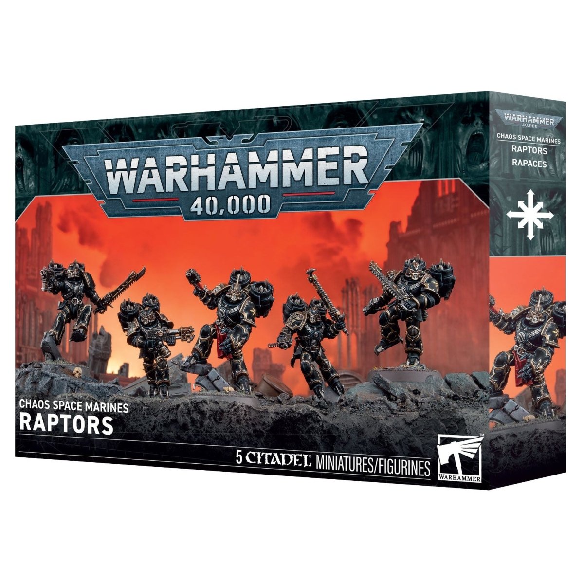 Warhammer 40,000 Grados Space Marines Raptors miniatures figure box, showing the product packaging with illustrated space marine figures and a fiery orange-red background on the box front.