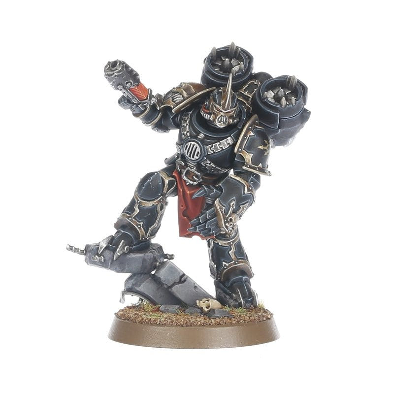 Chaos Space Marines Raptor champion painted in black armour, full view with plasma pistol
