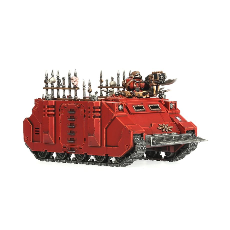 Painted red Chaos Rhino with gunner in the hatch and trophy spikes, Games Workshop