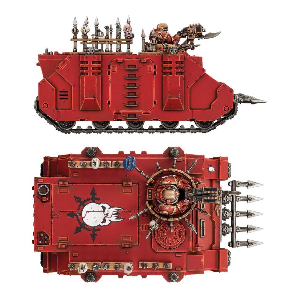 Painted red Chaos Rhino side and top-down views showing Chaos iconography