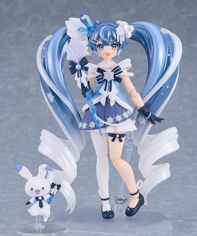 figma Snow Miku Crystal Snow Ver. on stand with wand, with Rabbit Yukine beside her
