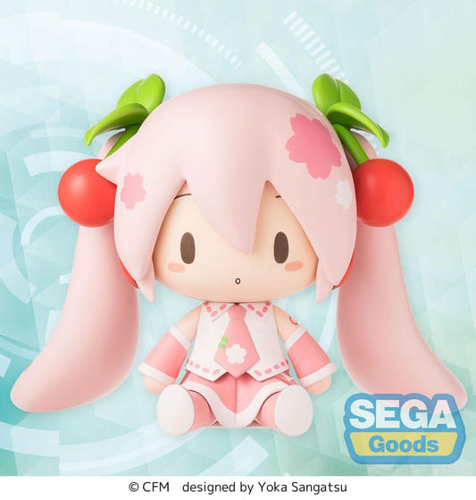 Sega Fuwa Petit Sakura Miku chibi figure with pink hair and cherry hair ornaments, front view