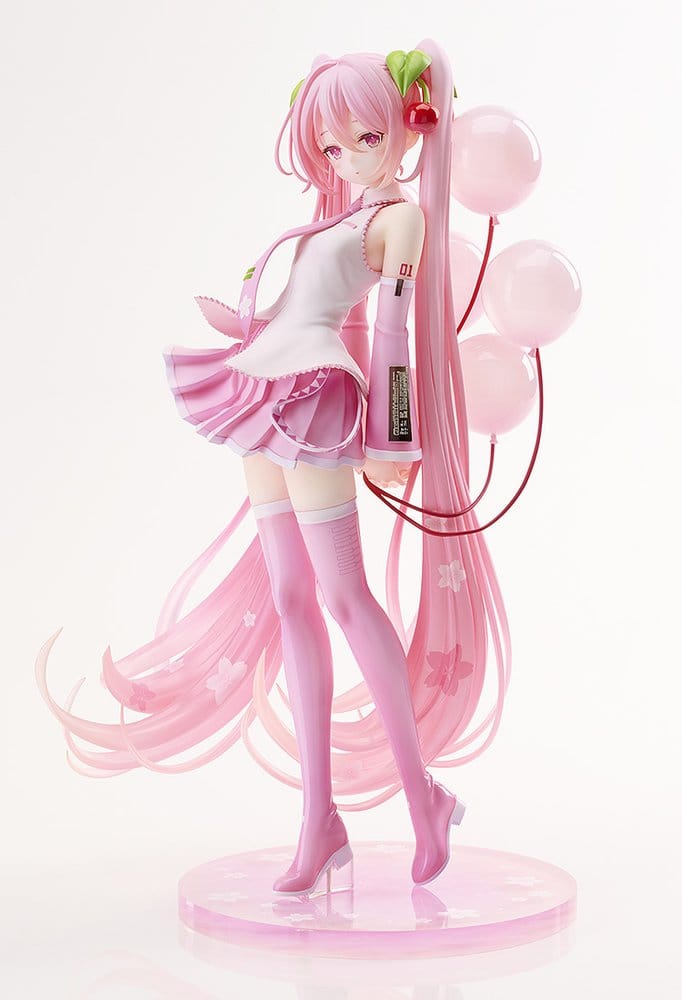 Sakura Miku 1/7 scale PVC figure, three-quarter view on clear pink base