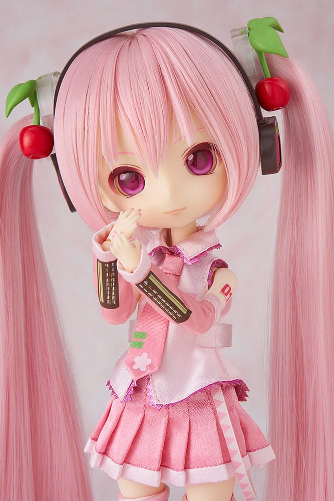 Close-up of the Sakura Miku Harmonia humming doll's face, eyes and headset
