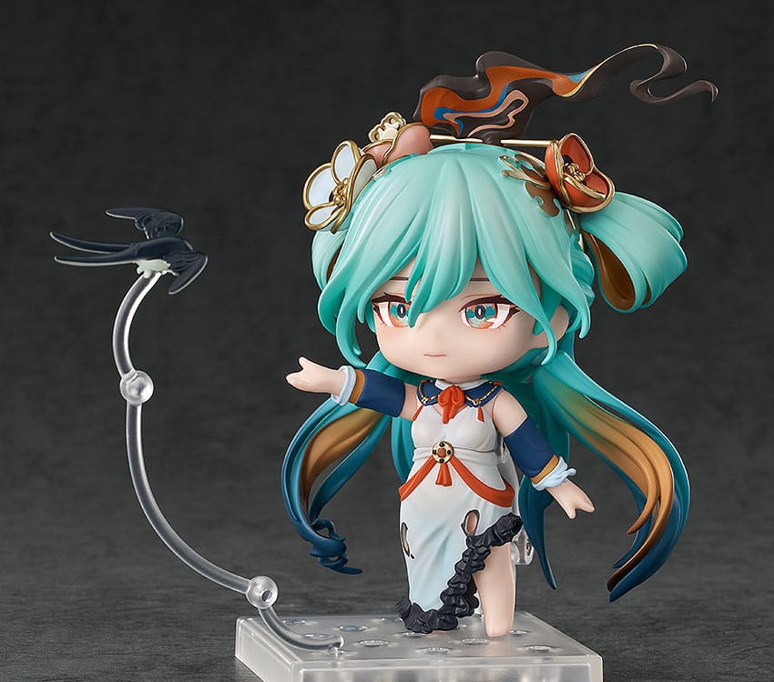 Hatsune Miku Shimian Maifu Nendoroid reaching towards a swallow on a stand arm