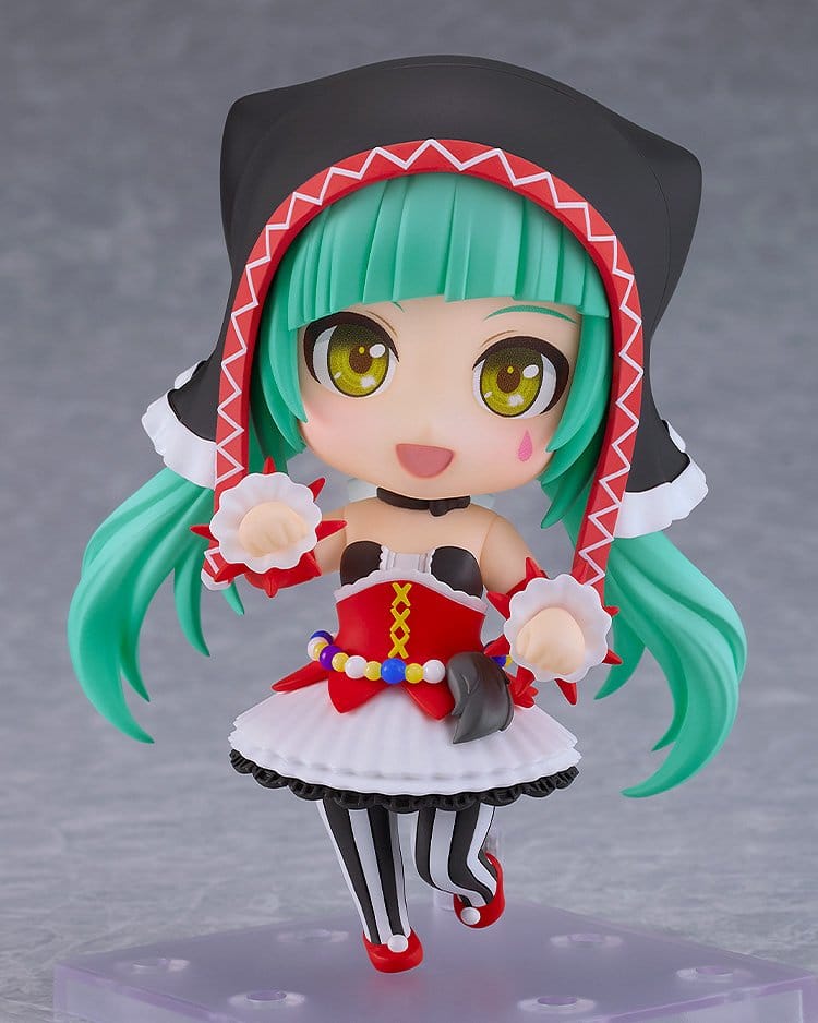 Nendoroid Hatsune Miku Pierretta Ver. front view on clear stand, smiling with hands raised