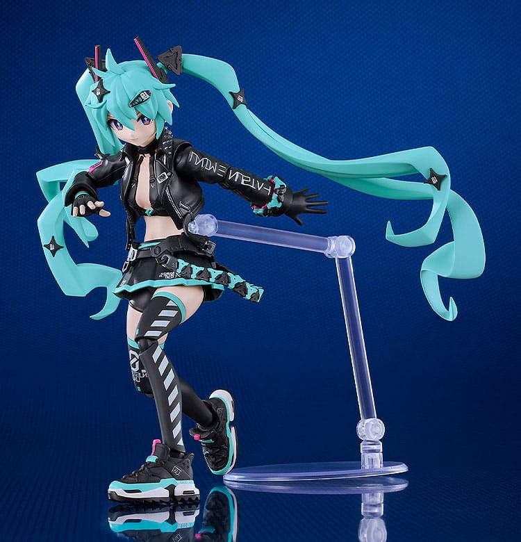 Hatsune Miku Chuocho Tactical Craft Plamatea kit mid-stride on an articulated stand