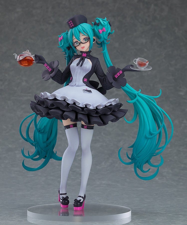 Hatsune Miku Glasses x Café Ver. figure, front view on clear base with grey background