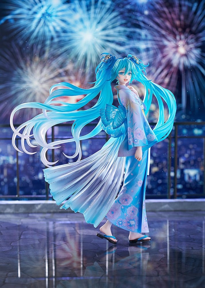 Hatsune Miku Music & Fire Works figure against a night sky of fireworks over a city
