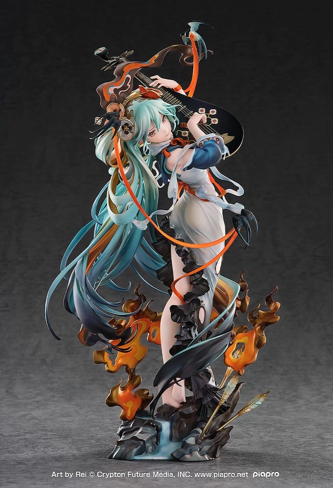 Hatsune Miku Shimian Maifu 1/7 figure on flame-effect base, full view on dark grey