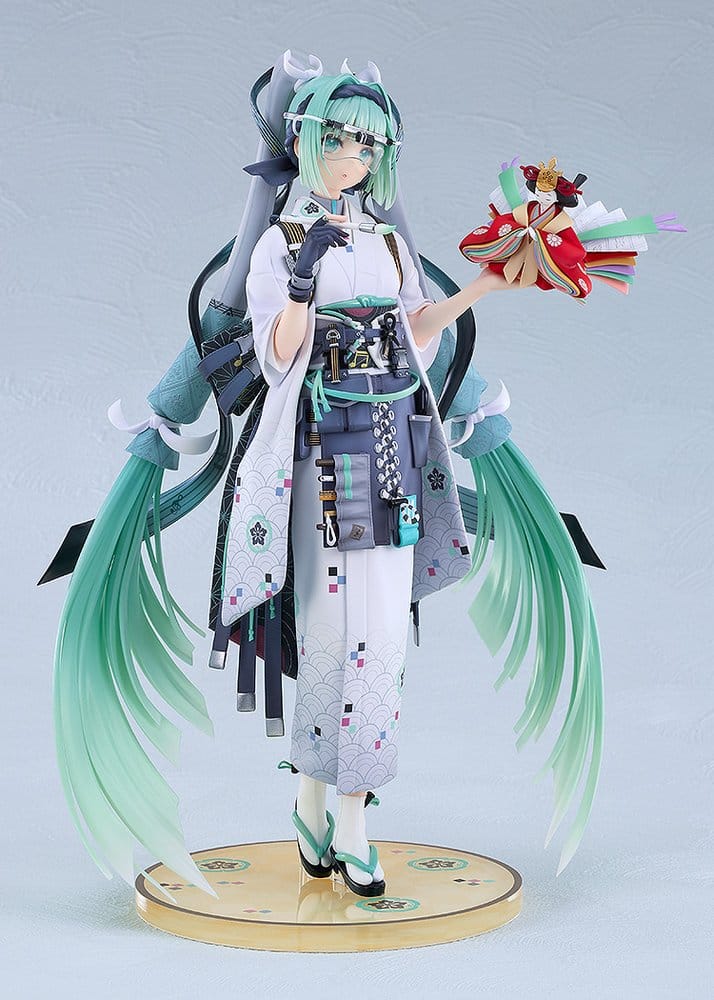 Hatsune Miku Smile x Future Ver. figure on gold base, front view, grey background