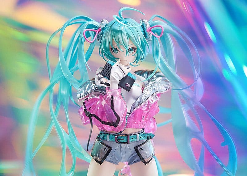 Close-up of Hatsune Miku SOLWA figure's upper body and translucent pink jacket, holographic backdrop