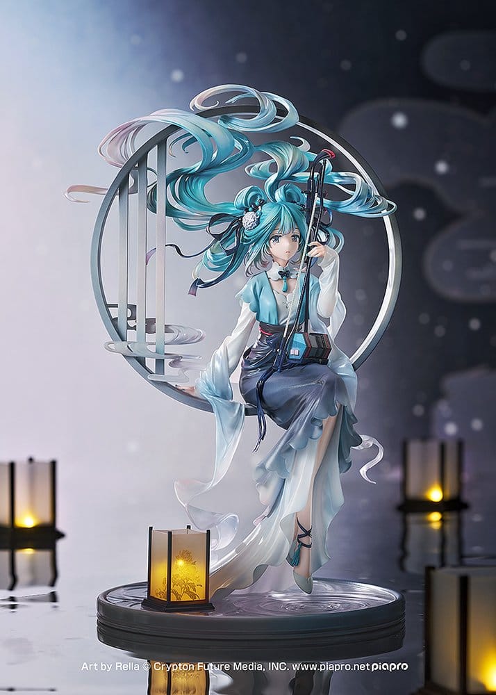 Hatsune Miku Han Gong Qiu Yue figure with lantern base, shown against a moonlit backdrop