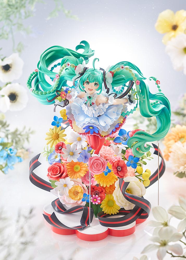 Hatsune Miku Blooming 1/7 figure rising from a bouquet of flowers, shown with white flowers backdrop