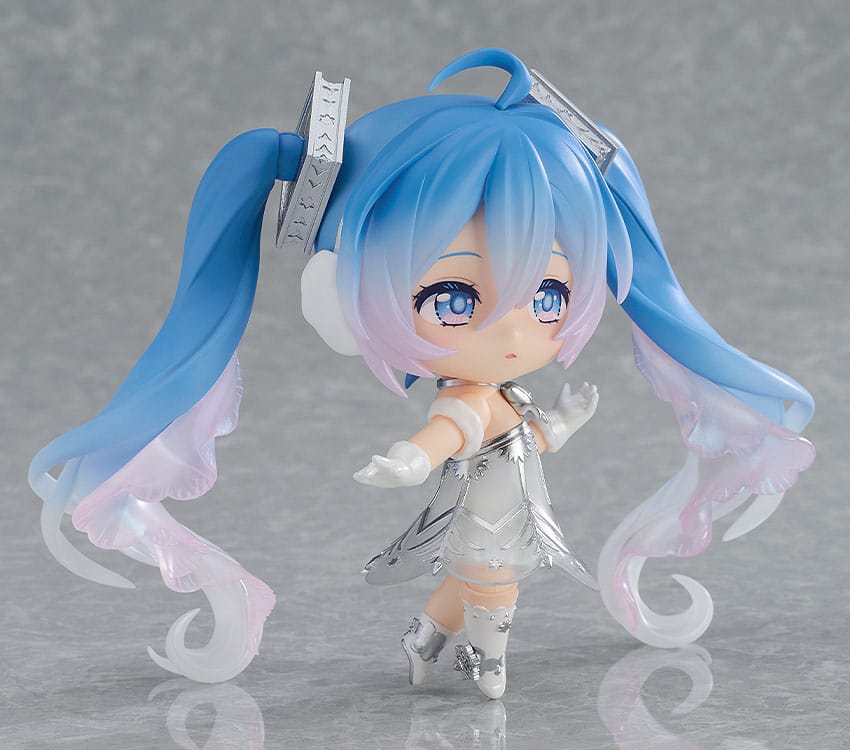 Hatsune Miku Symphony Sapporo Nendoroid with a gentle smile and arms out, angled view