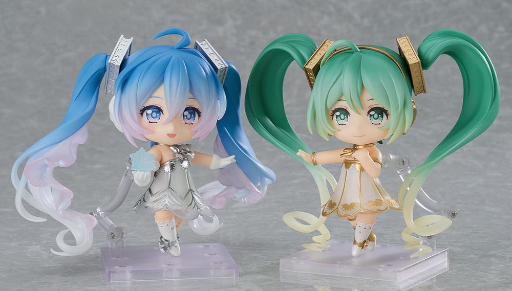 Hatsune Miku Symphony Sapporo Nendoroid shown beside a green-haired Miku Nendoroid in gold