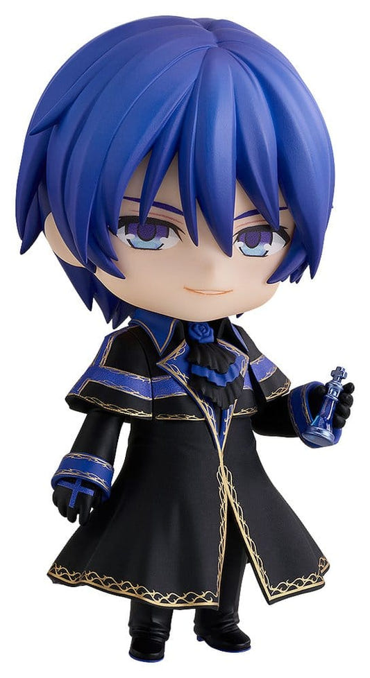 Nendoroid KAITO Cantarella Ver. in black and blue coat holding a small bottle, front view