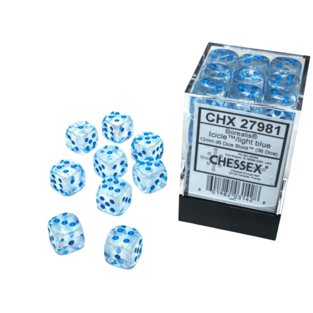 Chessex - Borealis 12mm D6 Dice Block - Luminary Icicle/light blue Luminary Dice Block - Loaded Dice