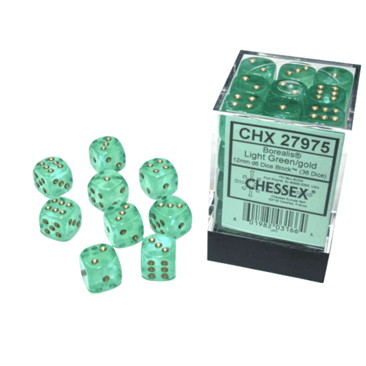Chessex - Borealis 12mm D6 Dice Block - Luminary Light Green & Gold Dice Block - Loaded Dice