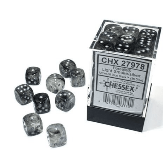 Chessex - Borealis 12mm D6 Dice Block - Luminary Light Smoke Silver Dice Block - Loaded Dice