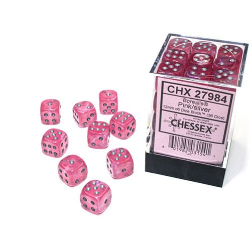 Chessex Borealis Luminary Pink and Silver 12mm D6 dice block with loose pink dice
