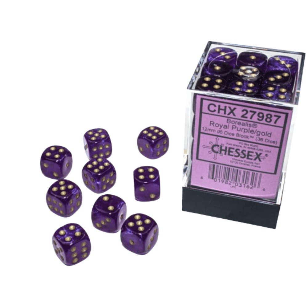 Chessex - Borealis 12mm D6 Dice Block - Luminary Royal Purple & Gold Dice Block - Loaded Dice