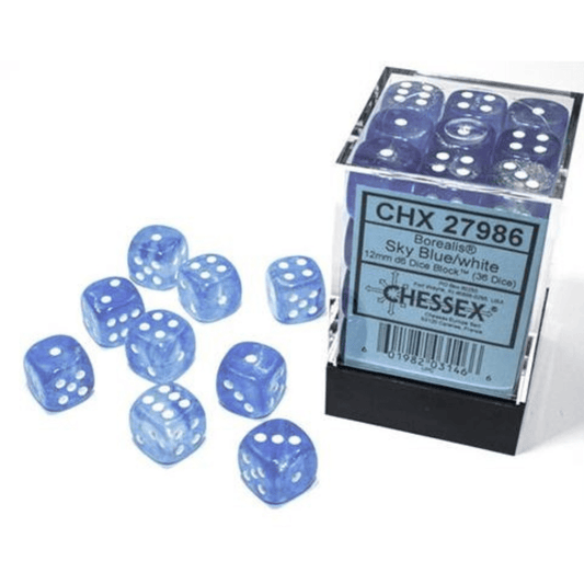 Chessex - Borealis 12mm D6 Dice Block - Luminary Sky Blue & White Dice Block - Loaded Dice