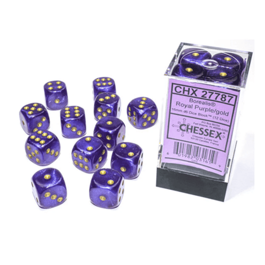 Chessex - Borealis 16mm D6 Dice Block - Luminary Royal Purple & Gold Dice Block - Loaded Dice